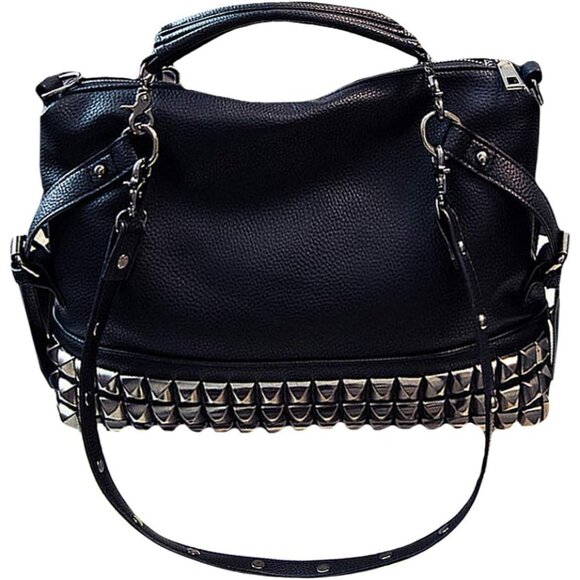Handbags - Punk Rivet Hobo Handbag for Women Large Crossbody Faux Leather Black Stylish Ret